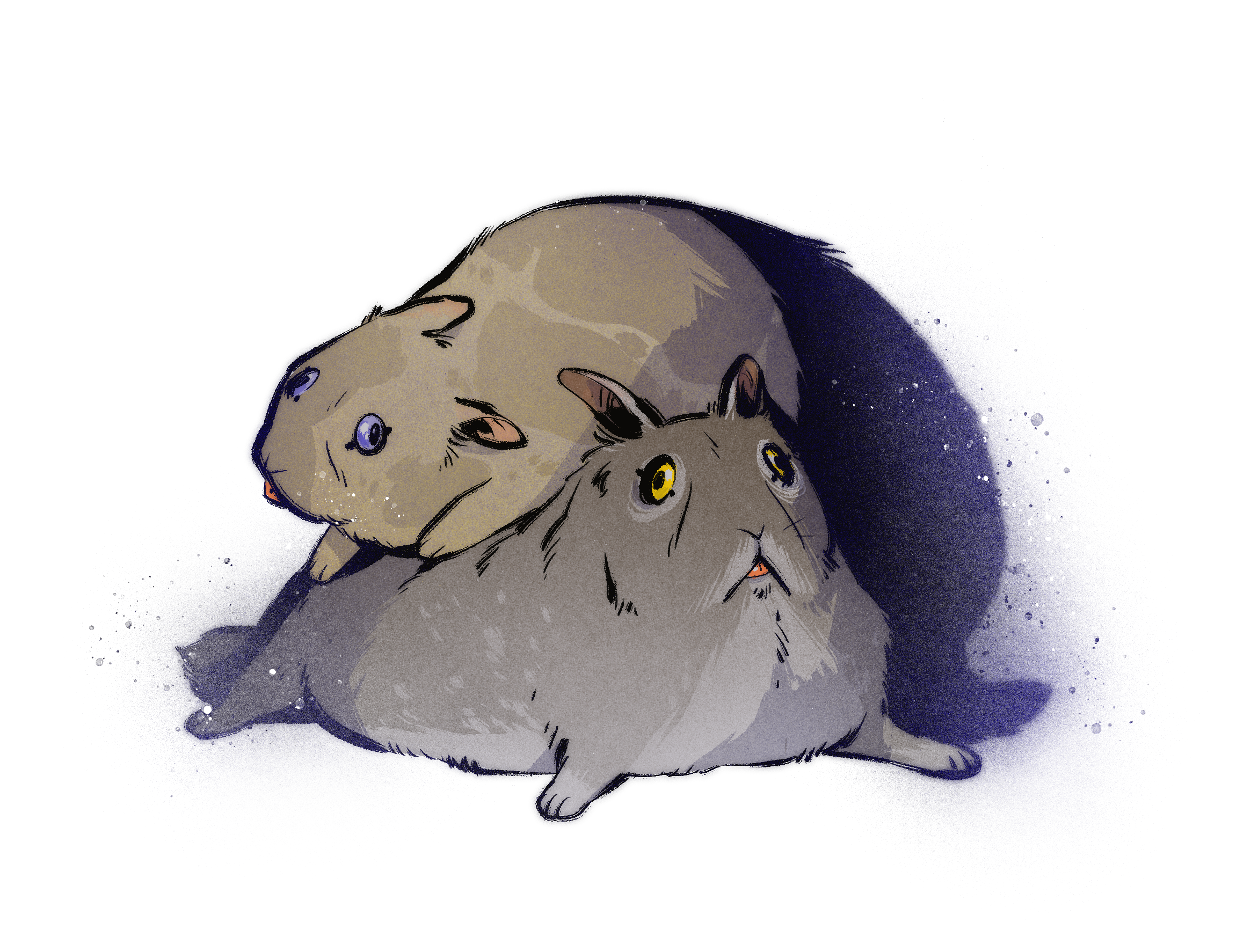 Two creatures which appear to be rabbits with legs barely big enough to hold their prodigious bodies innocently cuddle on the floor.