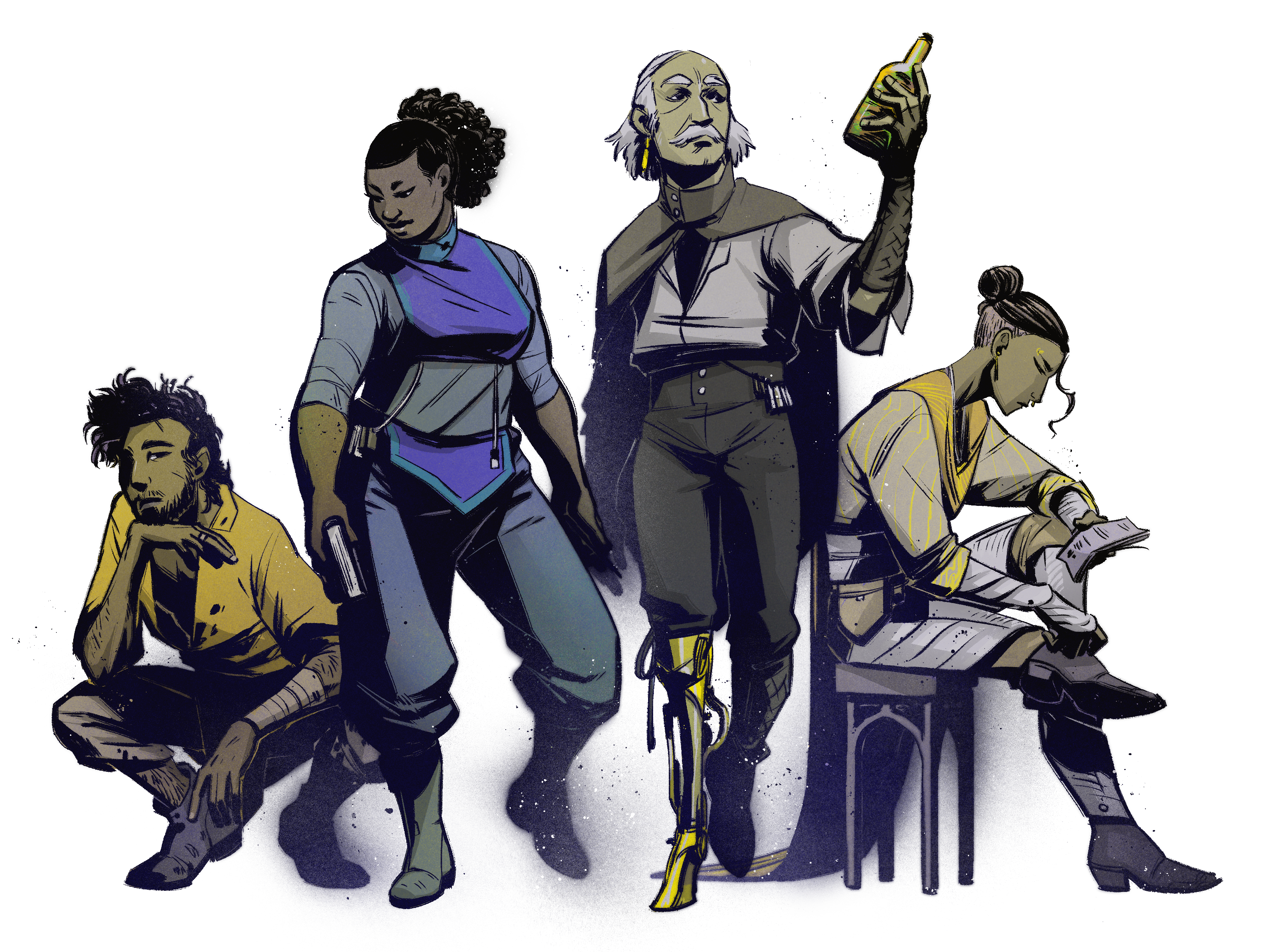 A group of four humans face the viewer. A young man in a mustard shirt is crouched in thought. A sturdy woman in blue and grey holds an object. An elderly man dressed in robes with a prosthetic leg holds a glass bottle above his head. A thin person dressed in wraps and robes sits on a stool reading loose papers.